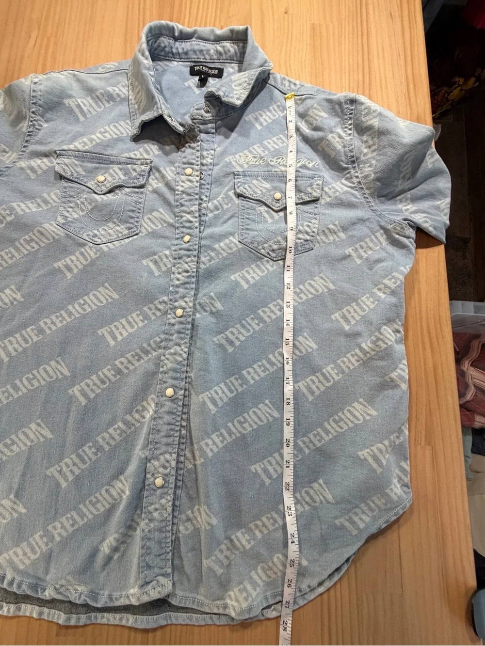 True Religion Light Blue All-Over Logo Denim Shirt Jacket B7